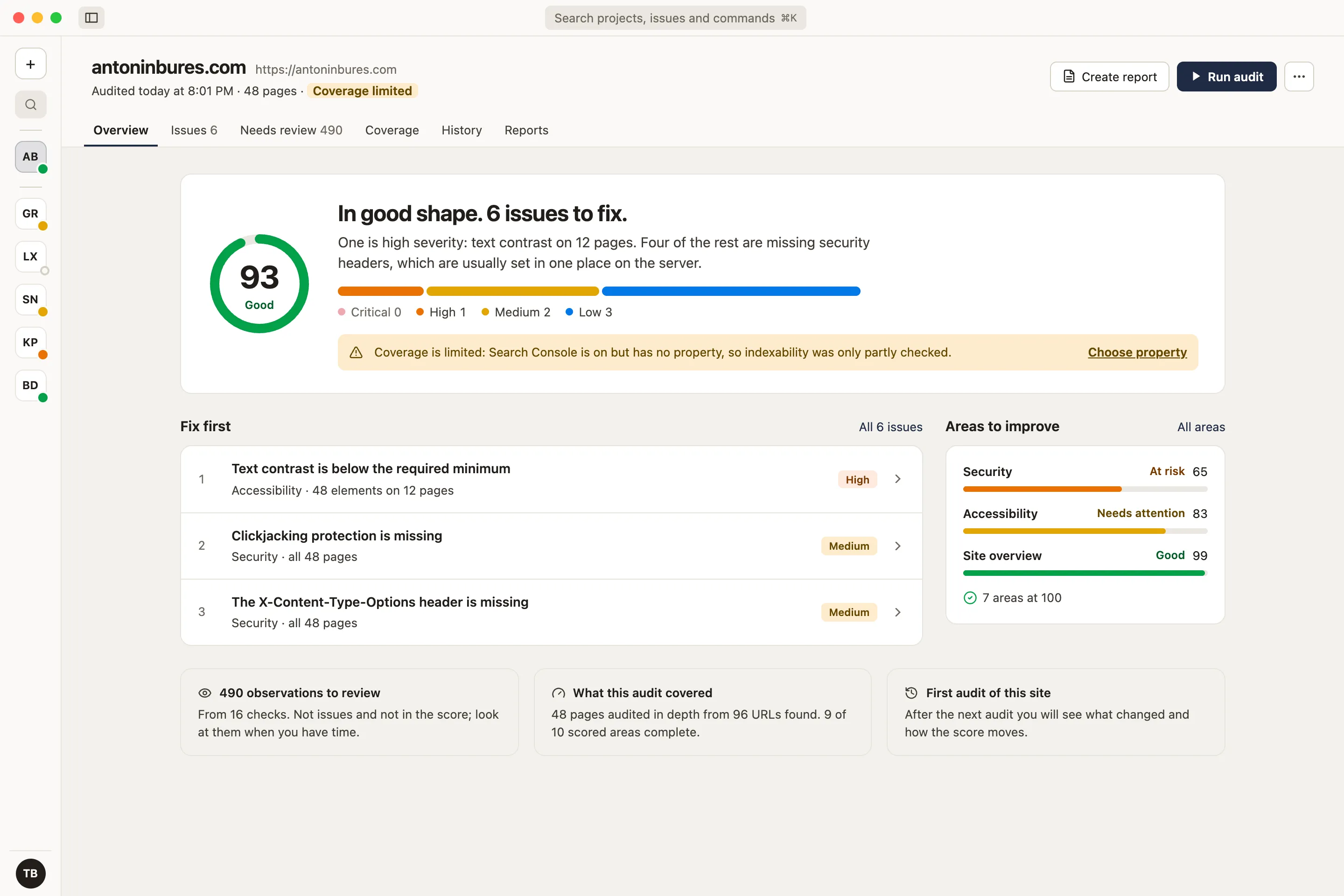 Damdit Overview for antoninbures.com: health score, what to fix first and audit coverage.